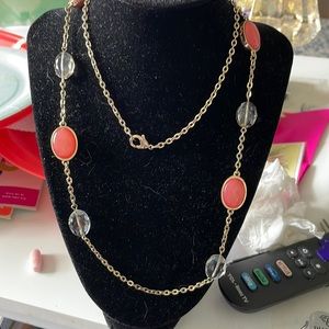 Vintage 34 inch Necklace with Coral color stones and clear crystals